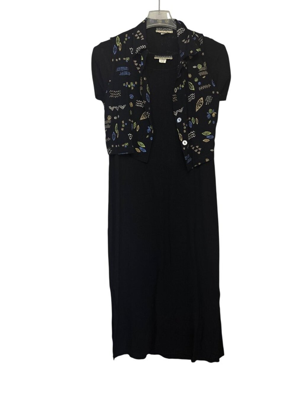Notations Womens Black Midi Dress With Patterned Button Down Vest Size M - Picture 7 of 14